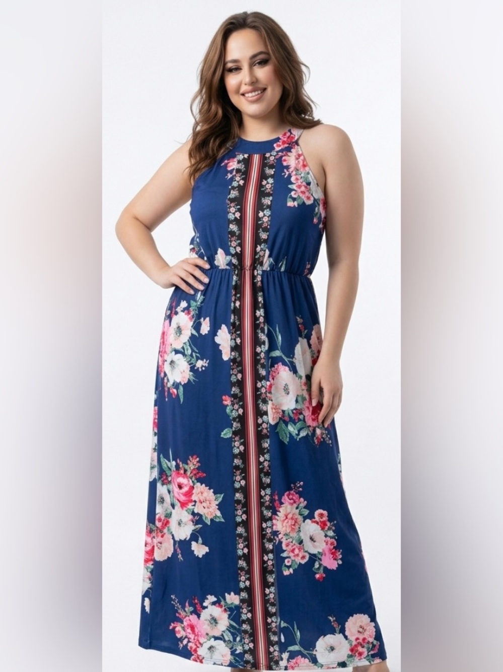 Three Pink Hearts Navy Floral Halter Cameo Vertical Women’s Maxi Dress